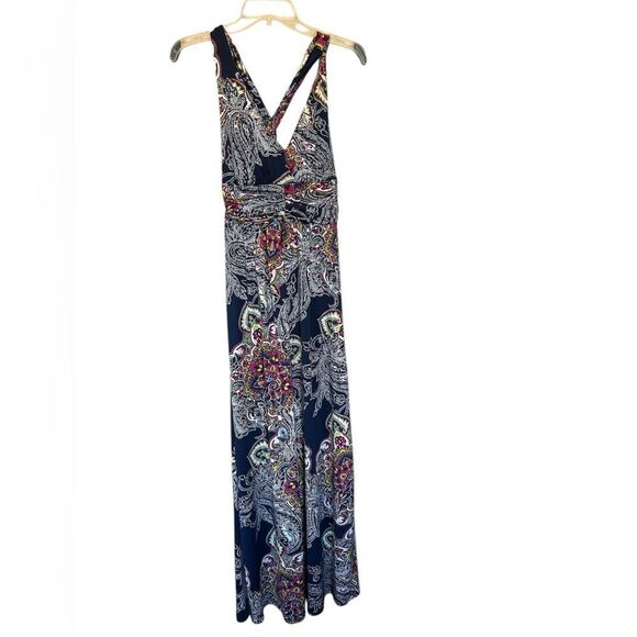 XOXO Navy Paisley Print Babydoll Empire Waist Y2K Cross Back Maxi Dress S - Picture 1 of 11